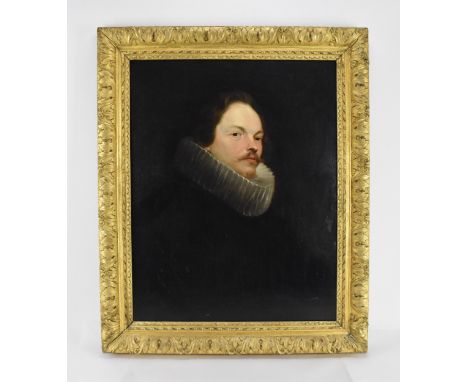In the style of Sir Anthony Van Dyke, 19th century Portrait of a young man in chiaroscuro style, wearing a black cloak and wh