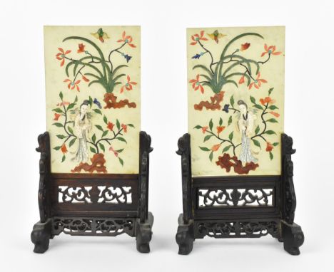 A pair of Chinese jade and hardstone table screens, early 20th century, each with central vertical rectangular pale jade pane