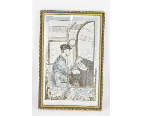 After Archibald Standish Hartrick (1864-1950) a signed and coloured lithograph of a train conductor above a scene of the Firs