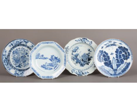 A GROUP OF FOUR CHINESE EXPORT BLUE AND WHITE PORCELAIN DISHES including a Qianlong period bowl, decorated after a Dutch Delf