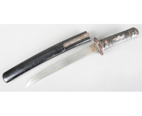 A JAPANESE TANTO in a black lacquer scabbard fitted with a kogatana, the handle mounted with white metal fruit baskets and a 