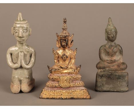 A SOUTH EAST ASIAN GILT BRONZE SEATED BUDDHA probably Thai, 19th century, seated on a stepped plinth base, 12cm high; togethe