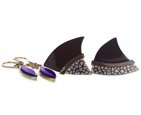 TWO PAIRS OF MAUREEN EDGAR SILVER ENAMELLED EARRINGS, one pair formed by marquise shaped drops decorated with blue enamel, wi