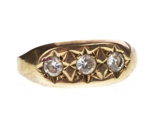 GENTLEMAN'S GEM SET RING, with three star set white gems, in nine carat gold, size R, 3.2g