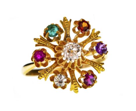 EARLY TWENTIETH CENTURY GEM SET 'REGARD' RING, set with various coloured gems, possibly synthetic, and diamonds, the first le