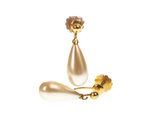 PAIR OF EARRINGS, each set with a faux pearl drop, with screw fittings marked 9CT, 22mm high including fittings, 2.8g gross