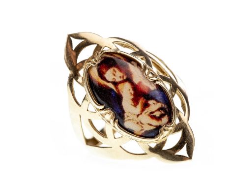 MADONNA AND CHILD MOTIF RING, the openwork bezel 35mm long, with central oval section depicting the Madonna and Child, marked