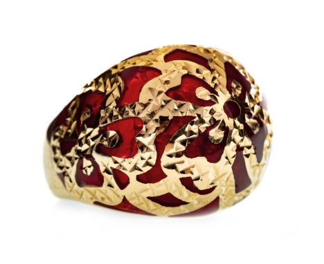 BOMBE STYLE DRESS RING, the tall bezel decorated with red enamel within broad gold coloured borders, marked 585, size L, 8.3g