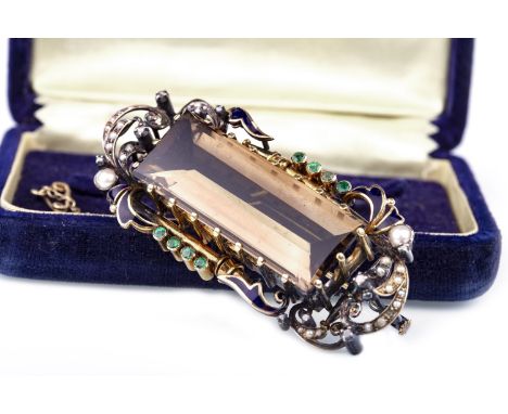 EARLY TWENTIETH CENTURY CONTINENTAL GEM SET BROOCH, set with a central large rectangular step cut smoky quartz 40mm long to a