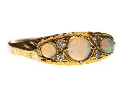 OPAL AND DIAMOND RING, the boat shaped bezel set with three round opals interspaced by diamond chips, in nine carat gold, siz