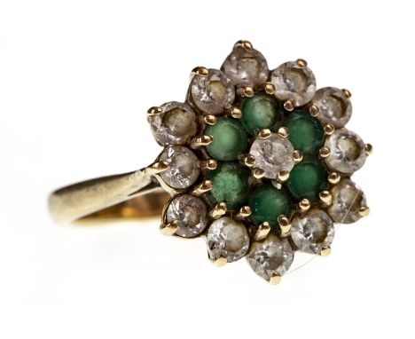 GREEN AND WHITE GEM SET CLUSTER RING, set with round green and white gems, in nine carat gold, size R, 5g