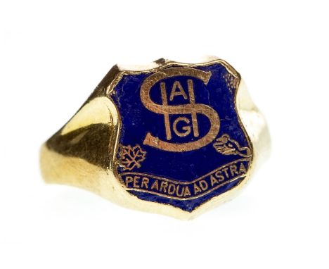 ENAMELLED RING, the shield shaped bezel decorated with blue enamel, marked 14K, size O, 6.5g