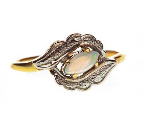 OPAL DRESS RING, set with a central marquise shaped opal, in nine carat gold, size M, 1.8g