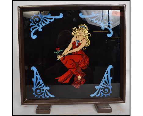 A vintage 1930s Art Deco table top discretionary screen having a painted glass panel with maiden to centre in the manner of&n