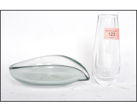 Two pieces of retro Scandinavian art glass to include a Holmegaard lipped bowl and a Orreforefs post vase with etched decorat