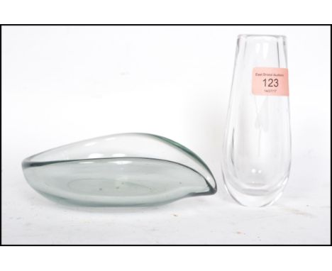 Two pieces of retro Scandinavian art glass to include a Holmegaard lipped bowl and a Orreforefs post vase with etched decorat