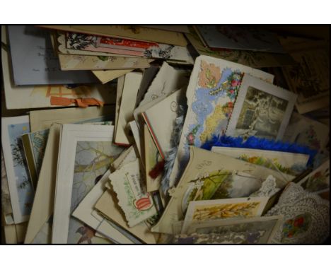 GREETINGS Cards. Large box with several hundred examples from Queen Victoria (inc intricate paper lace)&nbsp;through to more 