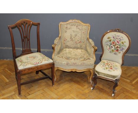 A 19th Century French giltwood low armchair with tapestry upholstery, a spoon back nursery chair and a single George III maho