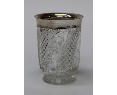 Small antique silver rimmed vase/ pencil pot made by John Grimsell and Sons, Birmingham 1900. Hobnail cut pattern. 11 x 8cm