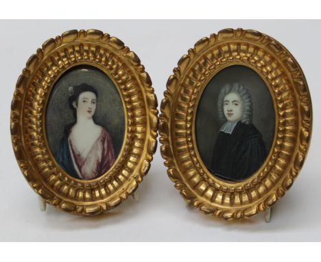 A pair of late 18th portrait miniatures, The Reverend Edward Miles, Vicar of Biggleswade and Mrs Edward Miles. Each 8 x 5.5cm