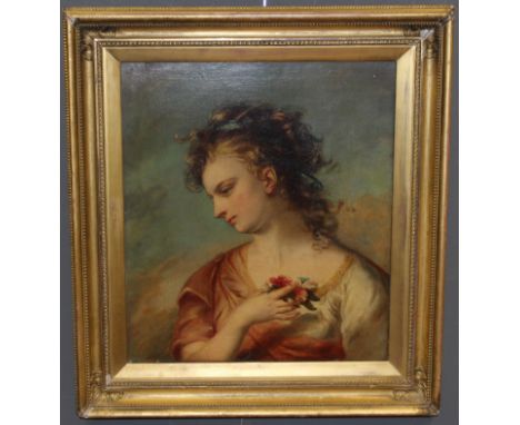 19th Century European school portrait of a beauty, holding a posy. oil on canvas, 60 x 52cms