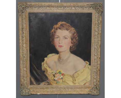 Alfred Lambert (20th Century). Portrait of a young woman wearing a yellow gown. bust length, oil non canvas. signed top left,