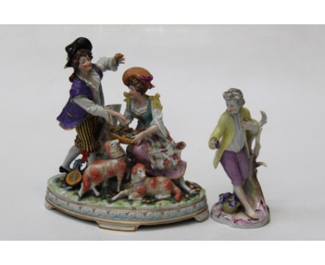 A late 19th century German porcelain figural group, a courting couple with basket of flowers, lute and attendant lambs. Cross