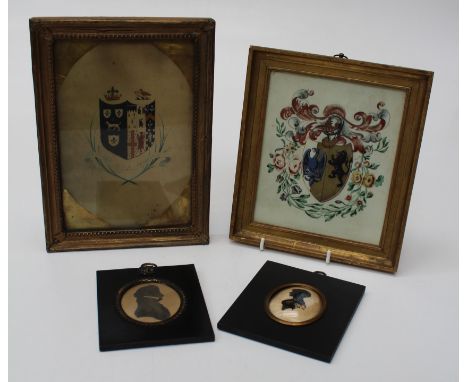 A 19th century hand drawn crest, the French family, 22 x 14cm, together with another, possibly the Beale family crest and two