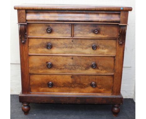A Victorian mahogany North Country chest of six drawers, raised on turned supports, 134 x 123 x 55cm, together with a Victori