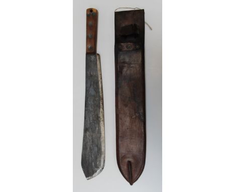 A WWI Samuel Kitchen Martindale machete, in stitched leather scabbard. Blade length 37cm