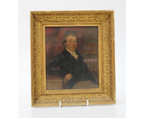 19th century English School, portrait of Thomas Beale Cooper MD ( 1774-1854). Seated, half length in a library. Oil on metal 