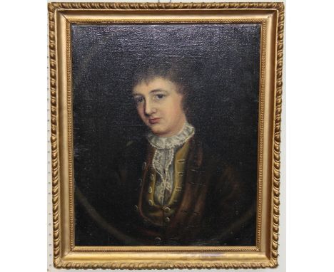 John Opie ( British 1761-1807) Portrait of Thomas Tregenna Biddulph, bust length, wearing a lace collar and brown coat. Oil o