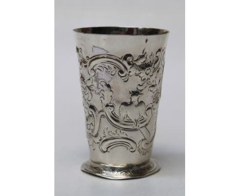 A tapered silver beaker with pedestal foot marked for London, 1740. Possibly made by William Cripps. 13.5cm high, 207gm