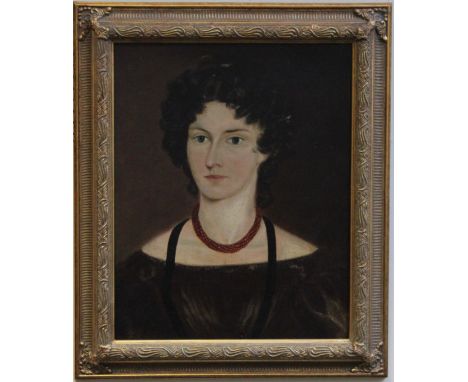 19th century English School, portrait of a lady, bust length, wearing a coral bead necklace. Oil on canvas. 50 x 40cm