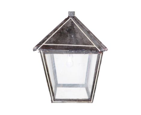 A large believed late 19th century Victorian exterior cast iron lantern / lamp. Heavy cast iron construction, with glass pane