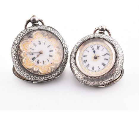 Two Swiss silver ladies pocket watches. The watches having enamel decorated dials with chased foliate decorated bodys with bl