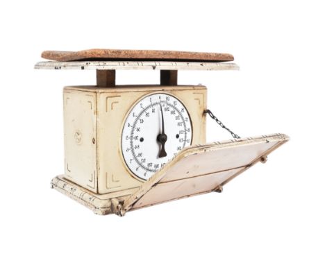 A set of 20th century personal weighing scales. Cast iron construction, with original off-white colourway. Enamel dial, with 