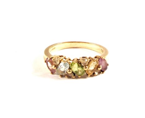 A 9ct Gold Amethyst, Topaz and Peridot set ring, size M