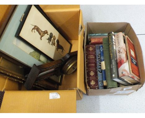 Various watercolours, books and an Oak barometer (two boxes)
