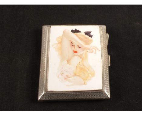 A Silver cigarette case with enamel lady decoration, engine turned with gilt interior