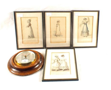 Four 19th Century costume prints plus a circular Oak barometer