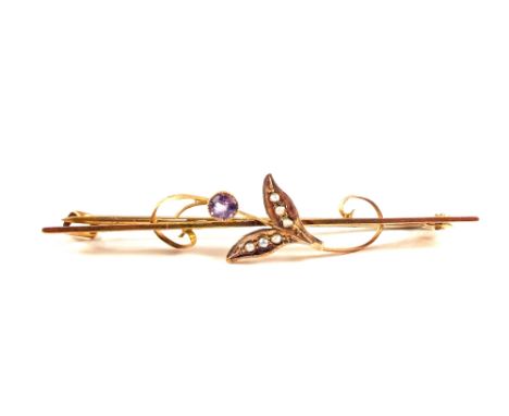 A 9ct Gold bar brooch set with Amethyst and Seed Pearls