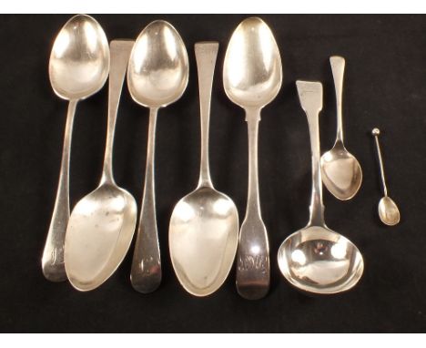 Six Georgian Silver dessert spoons, ladle and two later spoons