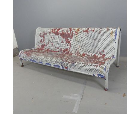 A vintage weathered and white painted metal British Rail station bench. Overall 183x75x80cm. 