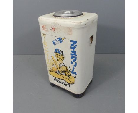 A vintage Japanese enamelled Maito iceboax, labelled for the Oh-san Giants baseball team. W42cm, H70cm, D32cm. 