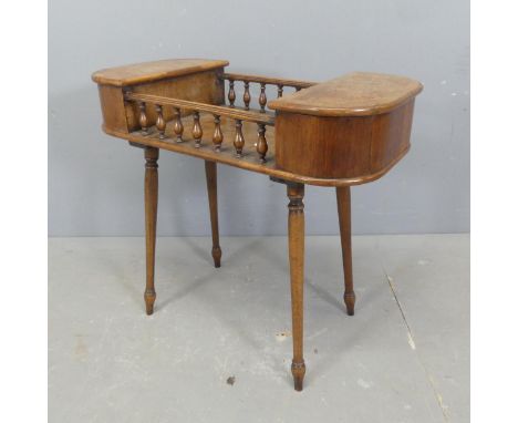 A 19th century burr-walnut veneered work / sewing table, with end compartments and bobbin turned detail. W63cm, H58cm, D31cm.