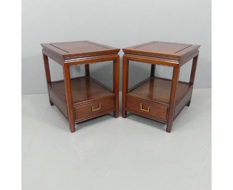 A pair of Chinese hardwood rectangular two-tier lamp tables, with single drawer to base. W46cm, H61cm, D61cm. 