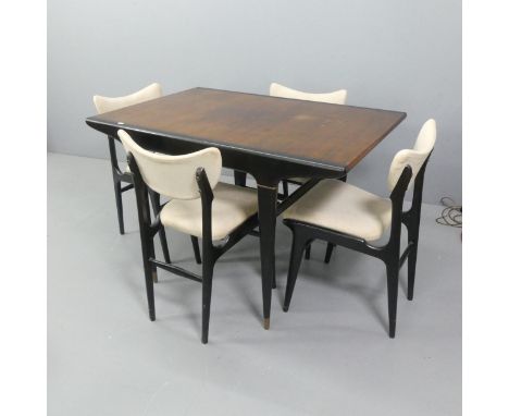 A mid-century rosewood veneered draw-leaf dining table on ebonised base, with four matching chairs.Some deep scratches to top