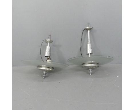 A pair of Bauhaus style chrome and glass light fittings. D56cm.Approximate drop 65cm. 
