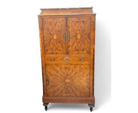 A French kingwood and parquetry inlaid side cabinet, late 19th century with coloured marble top, 2 cupboard doors with centra